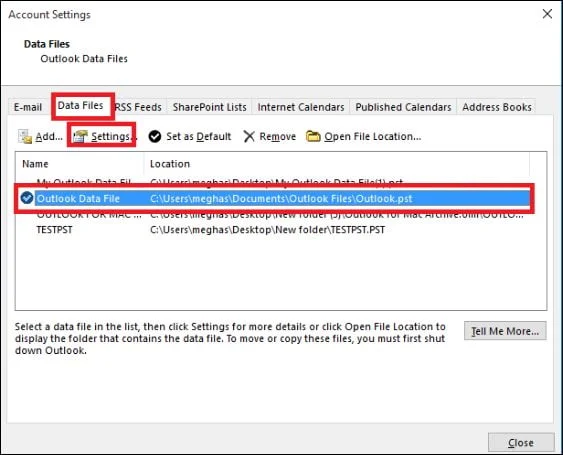 MS OutLook Account Settings