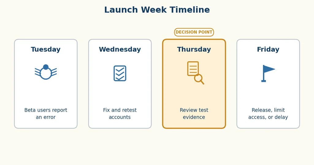 Launch week timeline: report errors Tuesday, fix and retest Wednesday, review evidence Thursday, then release, limit access, or delay Friday