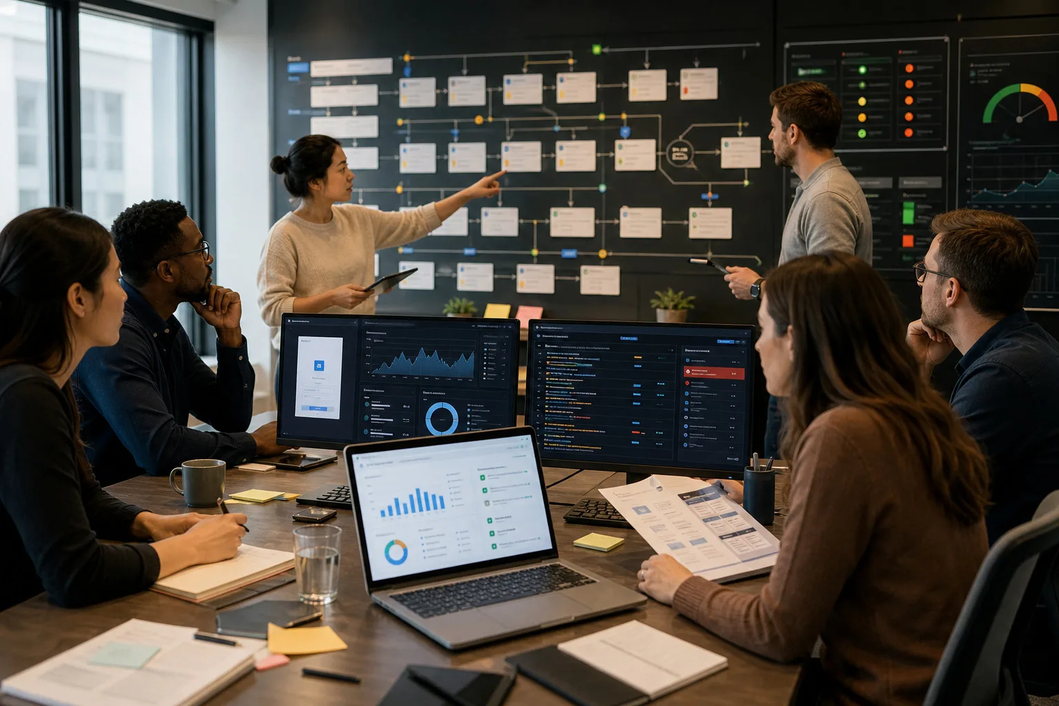 Team collaborating around a table while reviewing workflow diagrams and data dashboards on screens