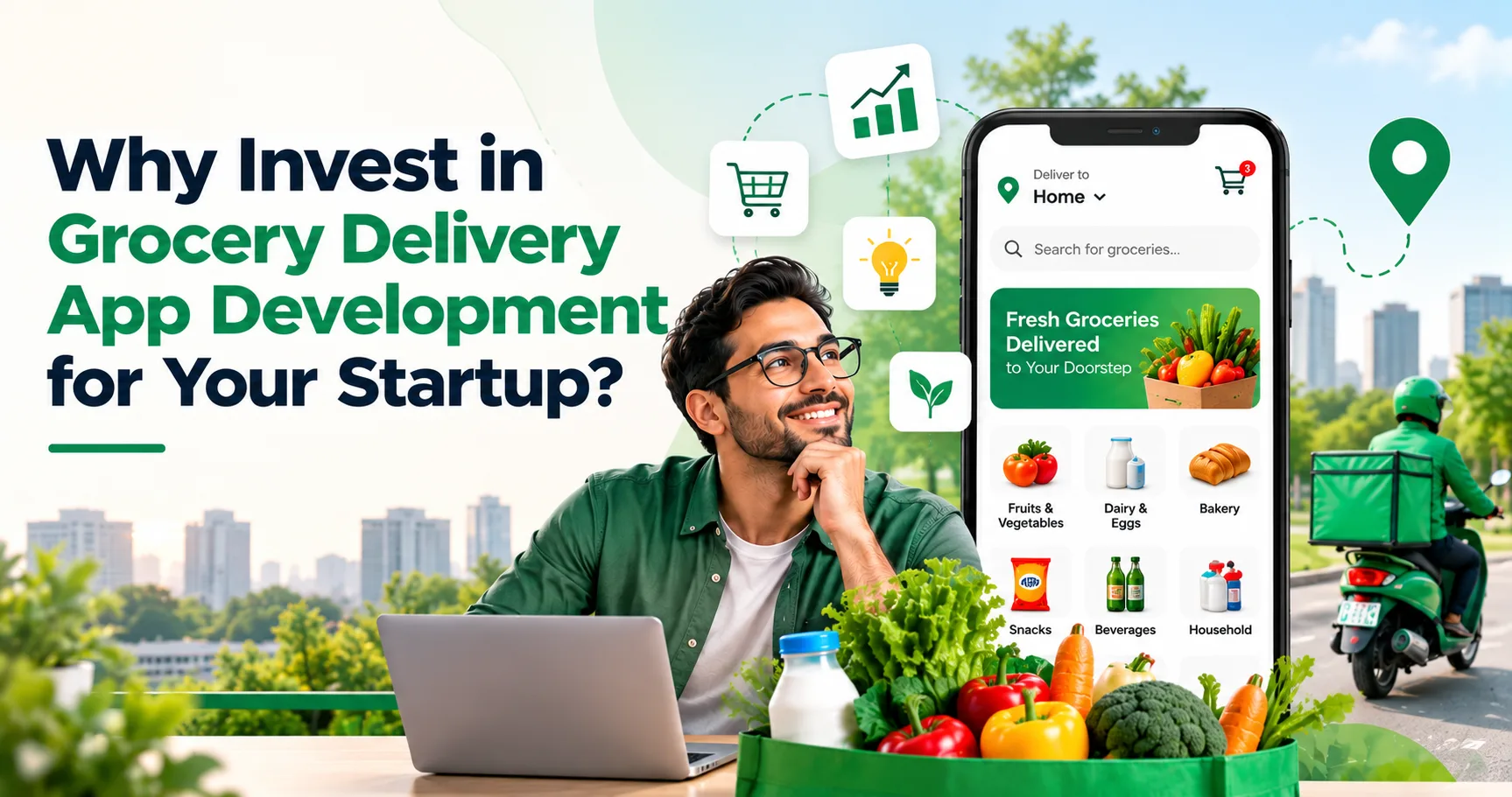 Promotional graphic: “Why Invest in Grocery Delivery App Development for Your Startup?” with a grocery delivery app and courier